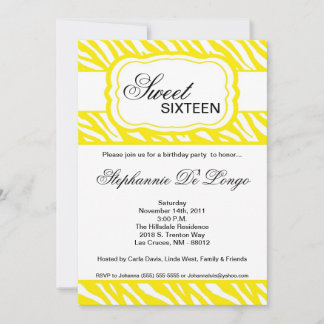 5x7 Yellow Zebra Print Birthday Party Invitation