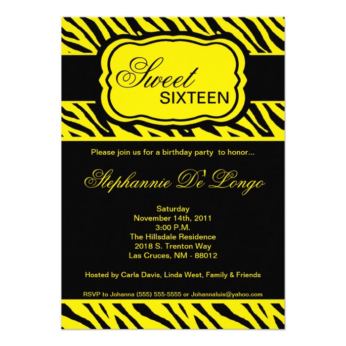 5x7 Yellow Zebra Print Birthday Party Invitation