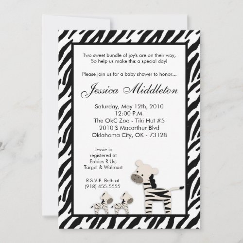 5x7 Zebra Momma TWIN Baby Baby Shower Invitation