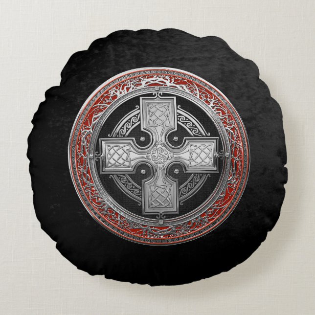 [600] Ancient Celtic Sacred Silver Knot Cross Round Pillow (Front)