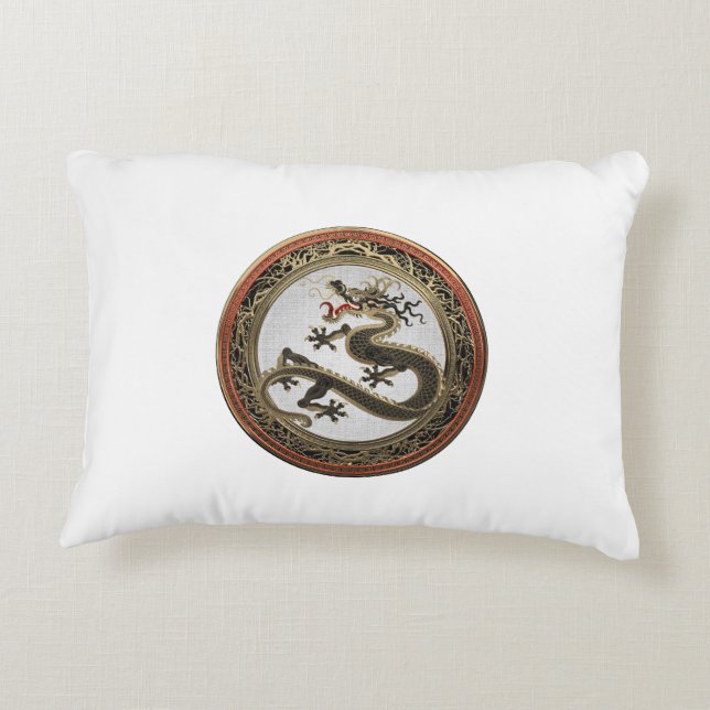 [600] Black and Gold Sacred Eastern Dragon Accent Pillow (Back)