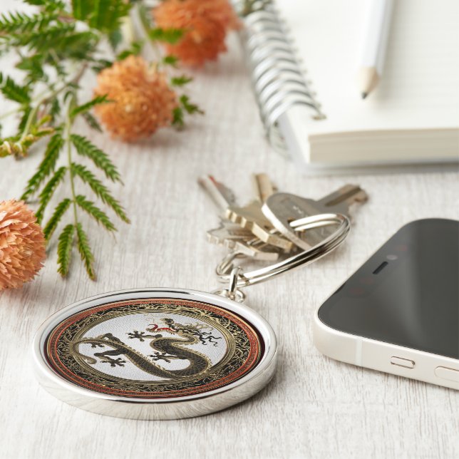 [600] Black and Gold Sacred Eastern Dragon Keychain (Side)