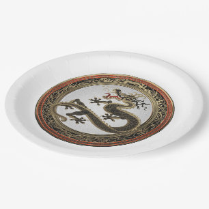 [600] Black and Gold Sacred Eastern Dragon Paper Plates