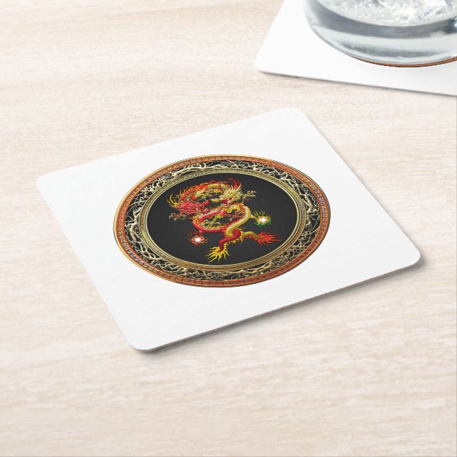 [600] Red and Yellow Dragons Square Paper Coaster (Angled)