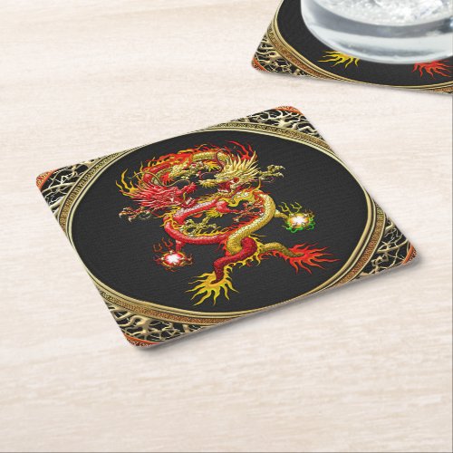 600 Red and Yellow Dragons Square Paper Coaster