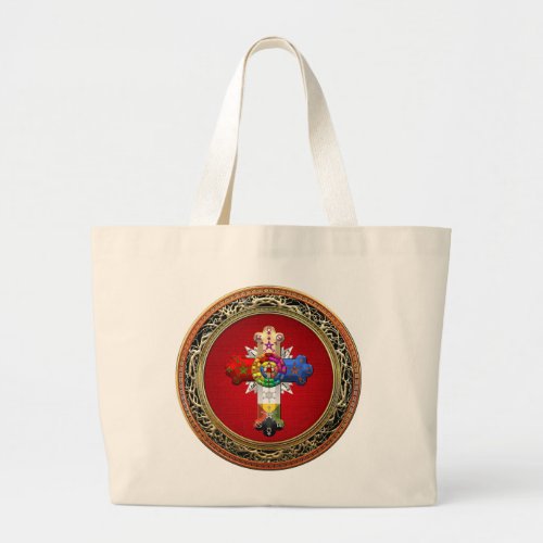 600 Rosy Cross Rose Croix on Red  Gold Large Tote Bag