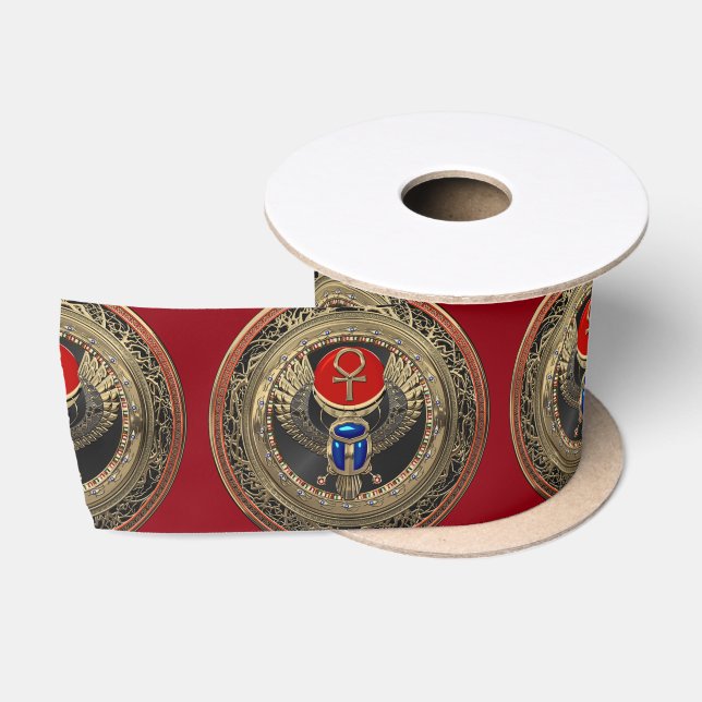 [600] Sacred Gold Egyptian Winged Scarab with Ankh Satin Ribbon (Spool)