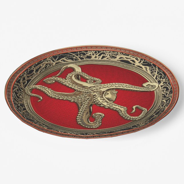 [600] Sacred Gold Octopus in Defensive Posture Paper Plates (Angled)