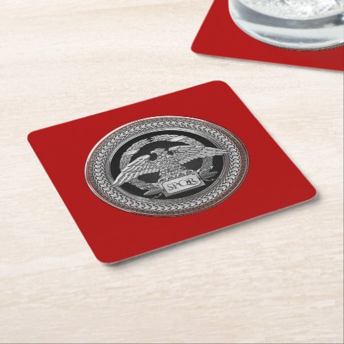 600 Silver Roman Imperial Eagle over Medallion Square Paper Coaster