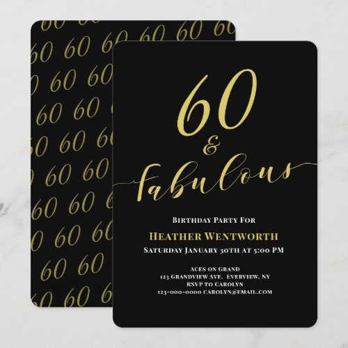 60 and Fabulous 60th Birthday Gold Black Script