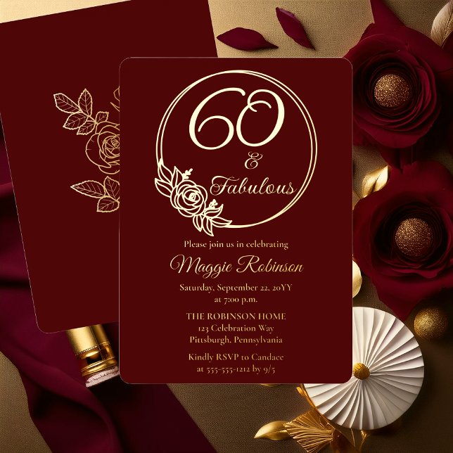 60 and Fabulous 60th Birthday Party Stamped Foil Invitation (Elegant Rose Wreath 60 and Fabulous 60th Birthday Party Burgundy Stamped Gold Foil Invitation )