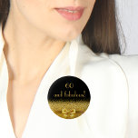 60 and fabulous balck gold elegant pinback button<br><div class="desc">Elegant,  classic,  glamorous and feminine.  A gold colored bow with golden glitter and sparkle,  a bit of bling and luxury for a birthday.  Black background. With the text: 60 and fabulous!</div>