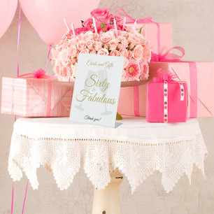 60 and Fabulous Birthday Gift Table White Gold Pedestal Sign