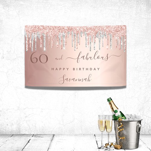 60 and Fabulous birthday rose gold glitter silver Banner