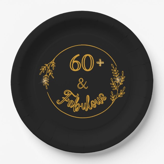 60 and fabulous Black and Gold Paper Plates (Front)