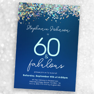 60 and Fabulous Blue Glitter 60th Birthday Party Invitation