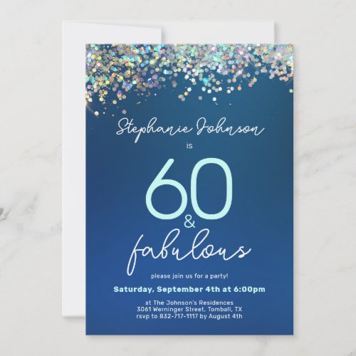 60 and Fabulous Blue Glitter Modern Glamorous  Invitation