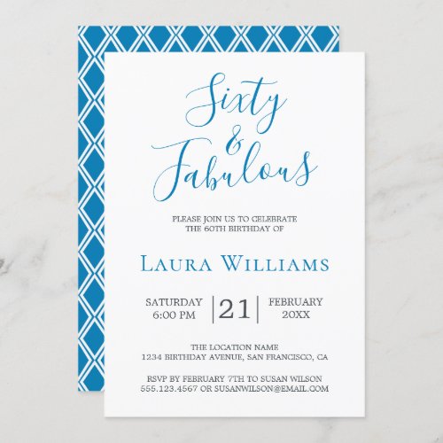 60 and Fabulous Blue White 60th Birthday Party Invitation