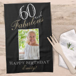 60 and Fabulous Elegant 60th Birthday Photo Kitchen Towel<br><div class="desc">60 and Fabulous Elegant 60th Birthday Photo kitchen towel. Elegant script in white and golden colors. Add your name and photo.</div>