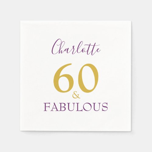 60 and Fabulous Elegant 60th Birthday Purple Gold Napkins