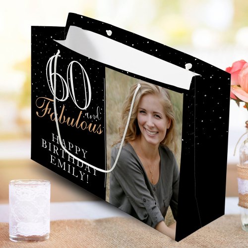 60 and Fabulous Elegant Black 60th Birthday Photo Large Gift Bag