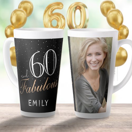 60 and Fabulous Elegant Black 60th Birthday Photo Latte Mug