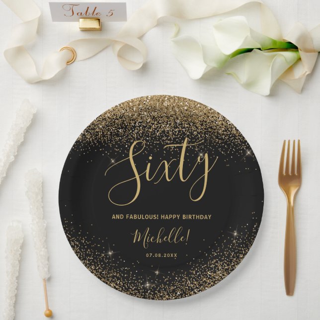 60 And Fabulous Elegant Black Gold Birthday Party Paper Plates (Wedding)