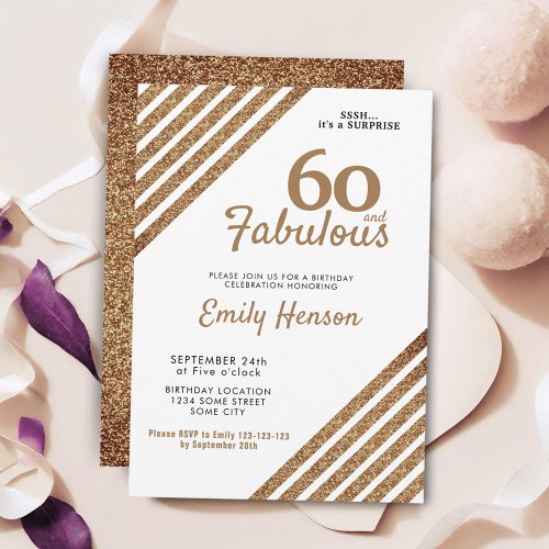 60 and Fabulous Elegant Gold Glitter 60th Birthday Invitation