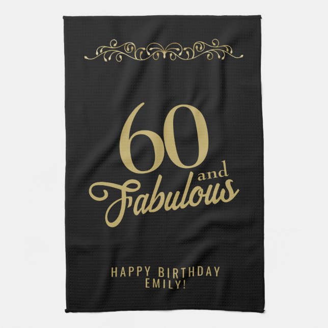 60 and Fabulous Elegant Ornament 60th Birthday Kitchen Towel (Vertical)