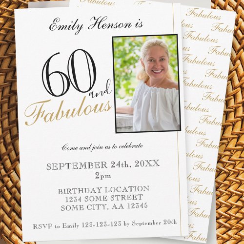 60 and Fabulous Elegant Script Photo Birthday  Invitation