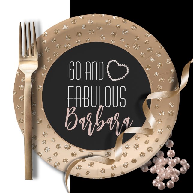 60 and Fabulous Feminine Stylish Gold Black Blush  Paper Plates (Creator Uploaded)
