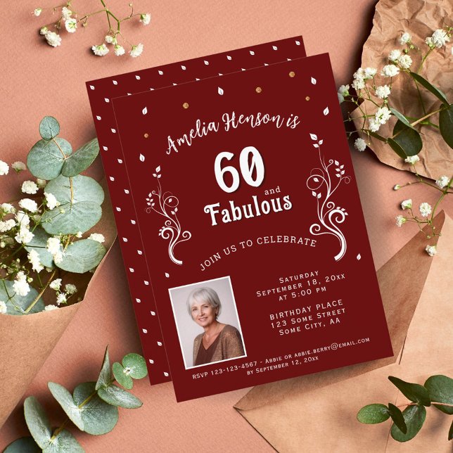 60 and Fabulous Foliage Red 60th Birthday Photo Invitation (Creator Uploaded)