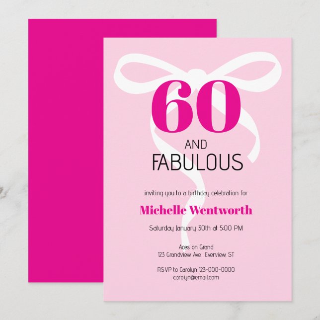 60 and Fabulous Fun Ribbon Hot Pink 60th Birthday Invitation (Front/Back)