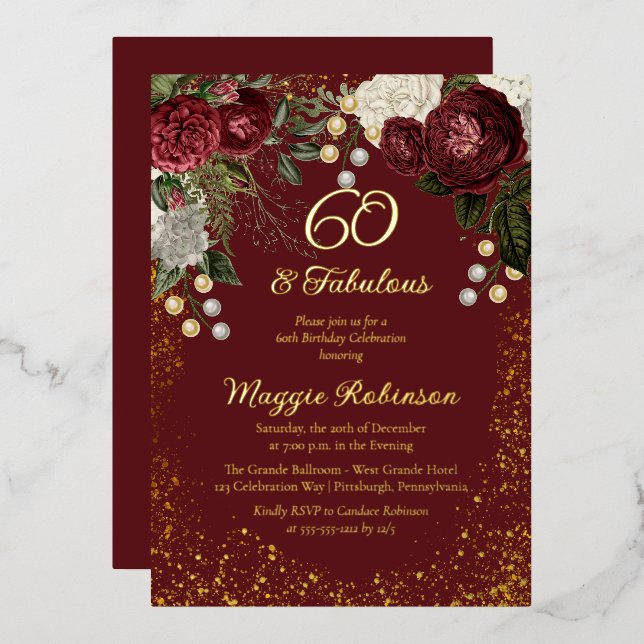 60 and Fabulous Glam Rose Floral Birthday Party Foil Invitation (Front/Back)
