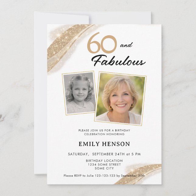 60 and Fabulous Gold 2 Photo Birthday Invitation (Front)