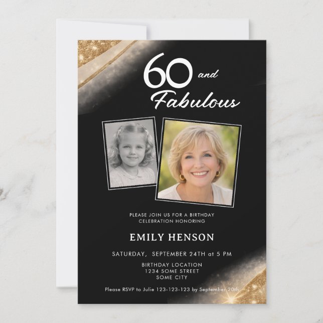 60 and Fabulous Gold Black 2 Photo Birthday Invitation (Front)