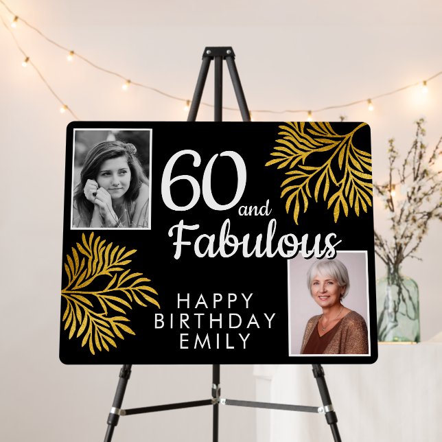 60 and Fabulous Gold Foliage 2 Photo Birthday  Foam Board (In Situ (Stand))