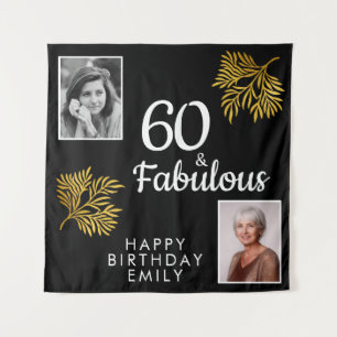 60 and Fabulous Gold Foliage 2 Photo Birthday Tapestry