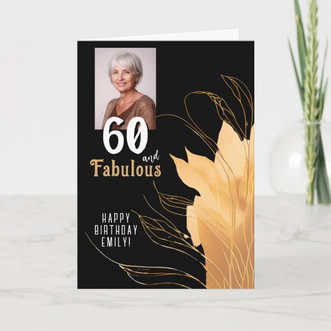 60 and Fabulous Gold Foliage 60th Birthday Photo Card (Front)