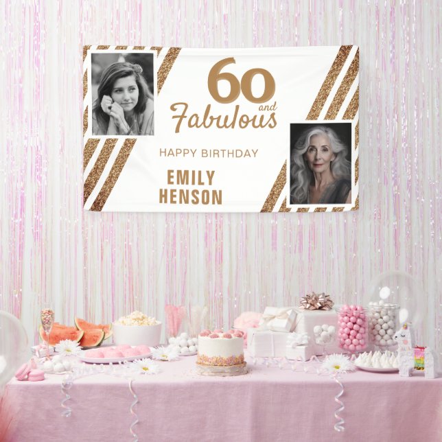 60 and Fabulous Gold Glitter 2 Photo 60th Birthday Banner (Party)