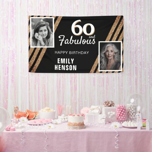 60 and Fabulous Gold Glitter 2 Photo 60th Birthday Banner