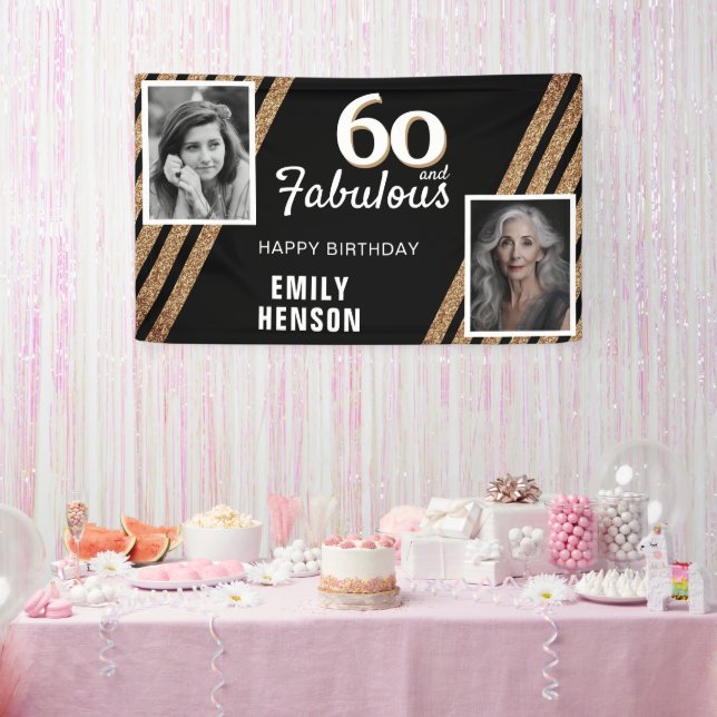 60 and Fabulous Gold Glitter 2 Photo 60th Birthday Banner (Party)