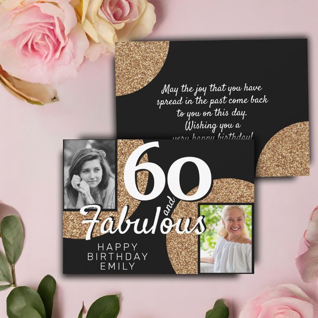 60 and Fabulous Gold Glitter 2 Photo 60th Birthday Card (Creator Uploaded)