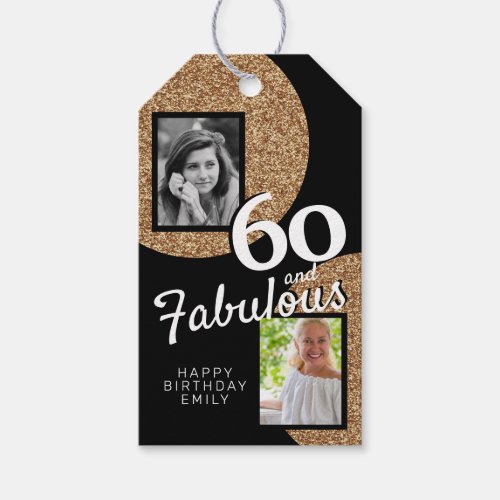 60 and Fabulous Gold Glitter 2 Photo 60th Birthday Gift Tags
