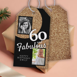 60 and Fabulous Gold Glitter 2 Photo 60th Birthday Gift Tags