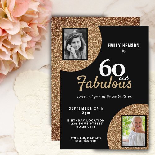 60 and Fabulous Gold Glitter 2 Photo 60th Birthday Invitation
