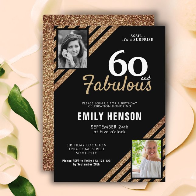 60 and Fabulous Gold Glitter 2 Photo 60th Birthday Invitation (Creator Uploaded)