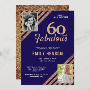 60 and Fabulous Gold Glitter 2 Photo 60th Birthday Invitation