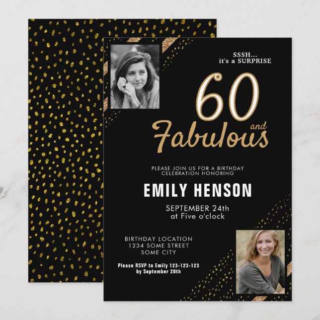 60 and Fabulous Gold Glitter 2 Photo 60th Birthday Invitation (Front/Back)
