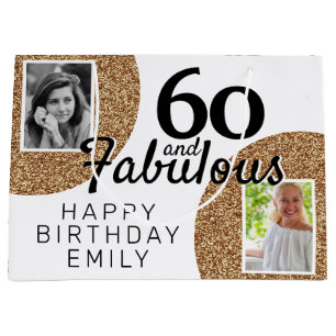 60 and Fabulous Gold Glitter 2 Photo 60th Birthday Large Gift Bag